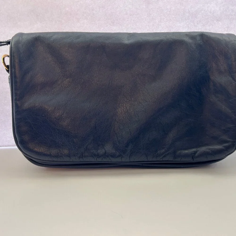 Vintage 90s Slouchy Navy Crossbody Bag with Flap and Gold Hardware